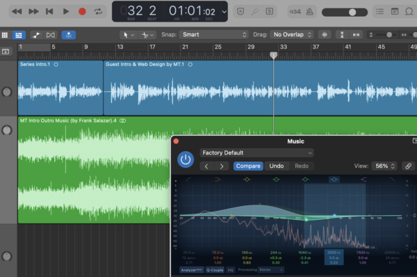 Logic Pro X screen shot with multi colored tracks and EQ